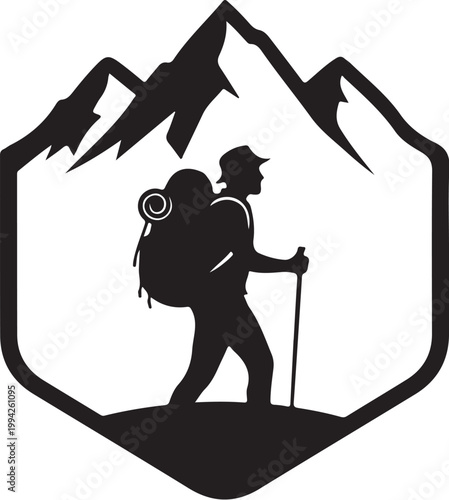 Hiking silhouette, adventure logo, outdoor icon, mountain climber badge