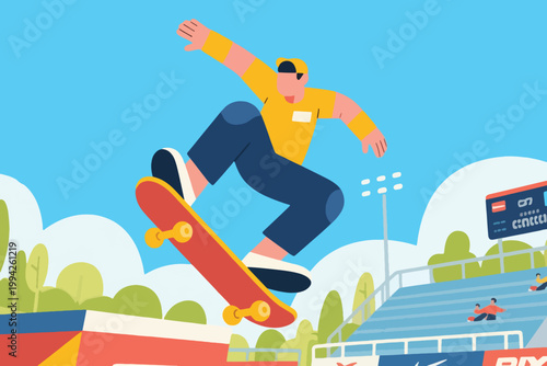 Illustration Of A Man Jumping In The Air Using A Skateboard, Performing Acrobatic Stunts In A Competition At A Skateboard Arena Vector Design Template