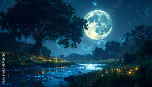A serene nighttime landscape features a large, luminous moon illuminating a tranquil river and surrounding foliage.