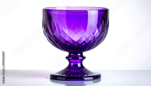 A vibrant purple crystal goblet stands elegantly against a stark white background, showcasing intricate diamond-cut detailing and a classic, timeless design.