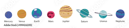 Solar system planets set in order, flat cartoon Mercury Venus Earth Mars Jupiter Saturn Uranus Neptune. Cute kids space book illustration vector design with textures, isolated colored clipart
