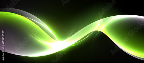 Abstract flowing lines, vibrant green hues, bright white highlights. Dark background creates dramatic visual impact, smooth curves suggest movement.