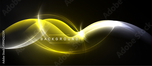 Dynamic yellow, white light waves over black background. Smooth curves create energy, motion, visual impact. Modern design element.