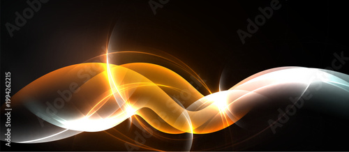 Abstract flowing lines, orange, white hues. Dynamic composition creates energy, light effect against dark background. Smooth curves suggest movement.