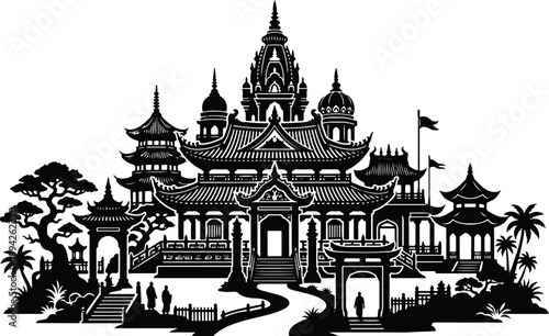 Ornate Oriental Temple Complex Silhouette with Traditional Asian Architecture