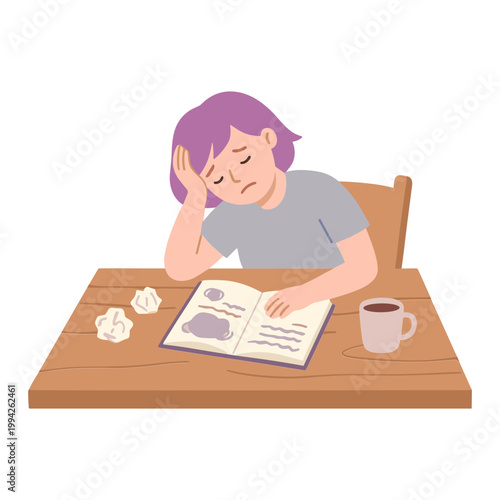 A woman sleeps at a desk with a book, coffee, and tissues nearby.
