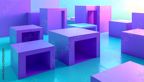 A vibrant, abstract composition featuring a series of interconnected purple and turquoise geometric structures, creating a surreal and futuristic landscape.