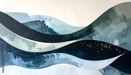 An abstract painting depicts flowing, layered forms in shades of blue, gray, and white, evoking a sense of movement and serene landscapes.