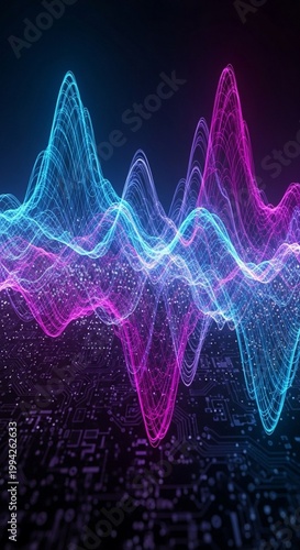 Abstract Cyber Wave Background: Neon Blue and Magenta Glowing Digital Signal Lines over Futuristic Circuit Board Interface