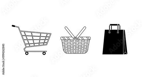 Three different types of shopping containers a metal cart, a woven basket, and a paper bag, displayed on a white background