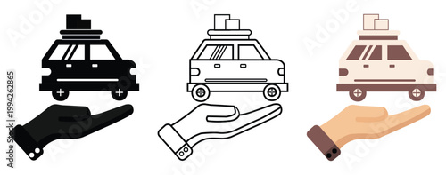 Car insurance and protection icons set featuring a small car with luggage on a human hand in silhouette, outline, and flat color styles.

