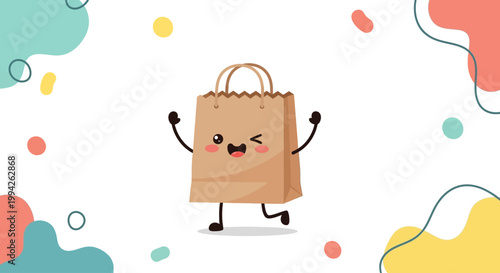 Happy cartoon shopping bag character with arms and legs winking and dancing with joy against a white background with abstract colorful shapes