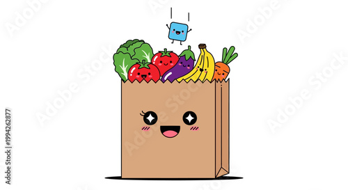 Cute cartoon grocery bag filled with fresh fruits and vegetables with a happy face