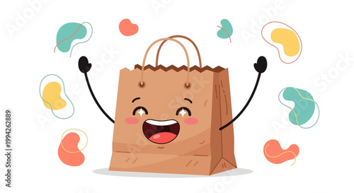 Cute cartoon shopping bag with a happy face and arms raised in excitement, surrounded by abstract colorful shapes