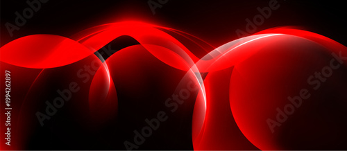 Abstract red shapes overlap black background. Smooth curves create dynamic visual effect. Brightness contrasts sharply with darkness.