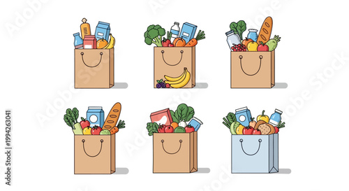 Collection of diverse grocery shopping bags filled with fresh food items, illustrating convenient online delivery services and everyday essential needs for modern households seeking healthy living