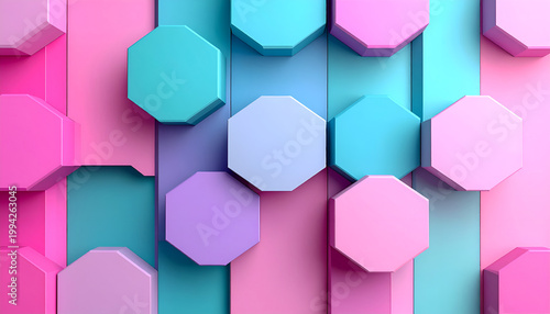 A vibrant abstract composition features a geometric arrangement of octagons and rectangular blocks in shades of pink, teal, and lavender, creating a visually striking and modern design.
