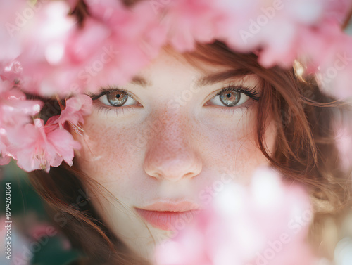 Young woman with brown hair looks through cherry blossom flowers in spring