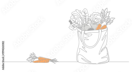 Sustainable grocery minimalist line art of a reusable tote bag filled with fresh, organic vegetables and vibrant carrots, promoting healthy eating choices
