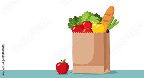 Brown paper bag overflowing with fresh, vibrant groceries healthy vegetables, ripe fruits, and bakery bread, perfect for wholesome meals and sustainable living