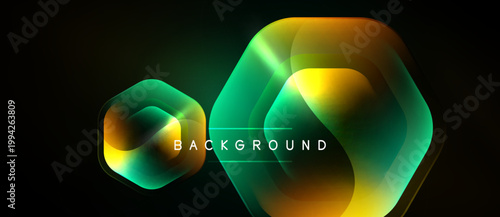 Abstract hexagons overlap, creating vibrant gradients. Dark background emphasizes glowing shapes, modern design element.