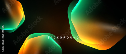 Abstract shapes overlap, creating vibrant gradients. Orange, teal hues dominate dark background. Modern design element.