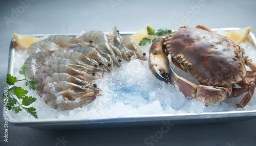 Freshly caught seafood on ice with lobster and crab on a tray