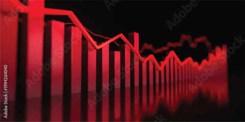 A 3d vector illustration showing a stock market finance chart with a red arrow representing business growth and investment profit rise on a black background