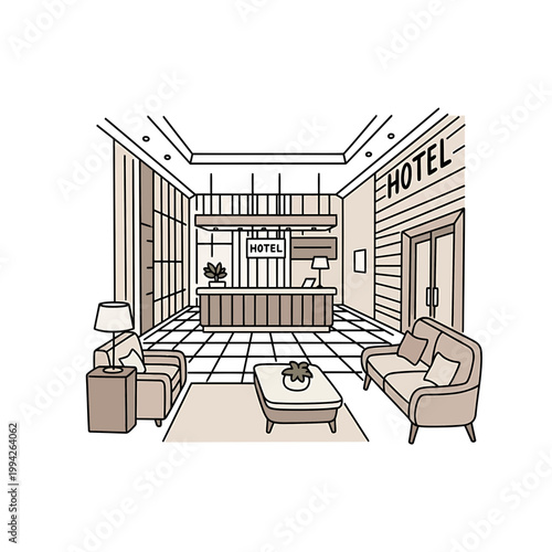 Modern hotel lobby reception and lounge area vector illustration