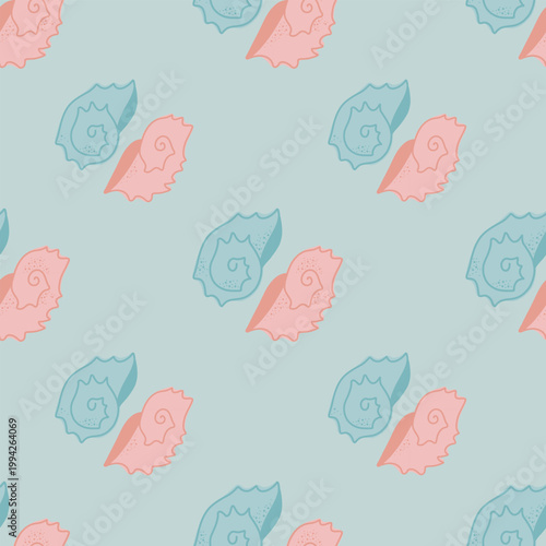 Seamless pattern with seashells in soft pastel colors.