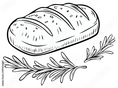 Freshly Baked Bread Loaf and Rosemary Sprigs, Line Art Illustration