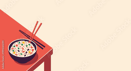 Minimalist Illustration of Fried Rice Bowl with Chopsticks on Tabletop