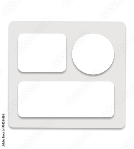Minimalist UI elements set with white rectangles and circle on grey background