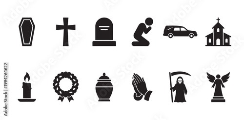 A collection of black vector icons representing elements of funerals, death, and mourning including a coffin, cross, tombstone, praying figure, hearse, church, candle, wreath, urn, praying hands.