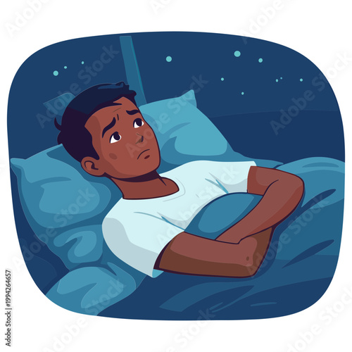 A man lies awake in bed at night, staring upwards with concern