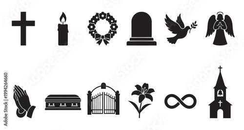 A collection of black silhouette icons representing funeral and memorial services, including a cross, candle, wreath, tombstone, dove, angel, praying hands, coffin, gates, lily, infinity symbol.