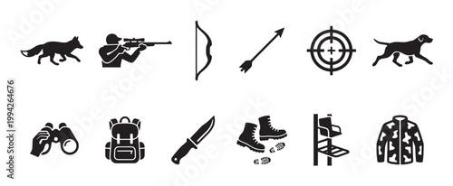A collection of black silhouette icons representing various hunting tools and elements including a fox, hunter, bow, arrow, target, dog, binoculars, backpack, knife, boots, tree stand.