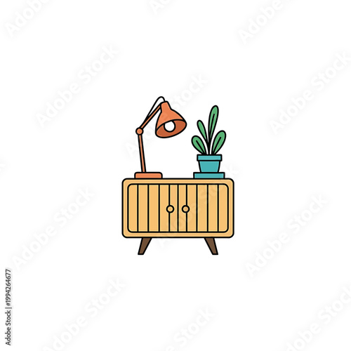 Retro mid century modern sideboard with lamp and plant illustration