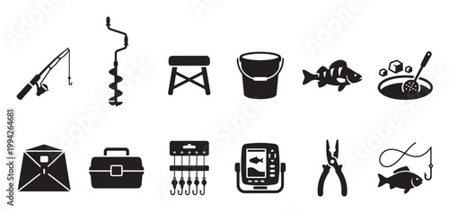 A collection of black silhouette icons representing various fishing equipment, including a rod, auger, stool, bucket, fish, ice fishing tent, tackle box, lures, fish finder, pliers.
