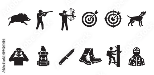 A collection of black silhouette icons represents various hunting and outdoor activities, including a wild boar, hunters with rifles and bows, targets, a dog, binoculars, a backpack, a knife, boots.