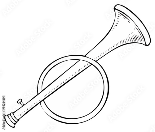 Illustration of a brass trumpet with a circular element