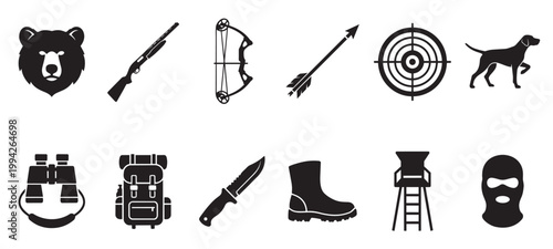 A collection of black vector silhouette icons representing various hunting and outdoor activities, including a bear, rifle, bow, arrow, target, dog, binoculars, backpack, knife, boot, stand.
