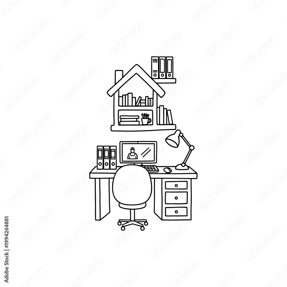 Fototapeta premium Remote work from home office line art illustration with computer