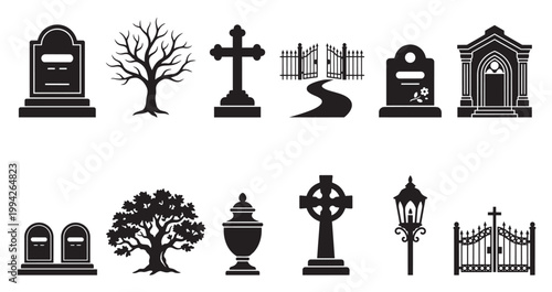 Collection of black silhouette icons representing cemetery elements like gravestones, trees, gates, crosses, and mausoleums on a white background, suitable for graphic design and solemn themes.