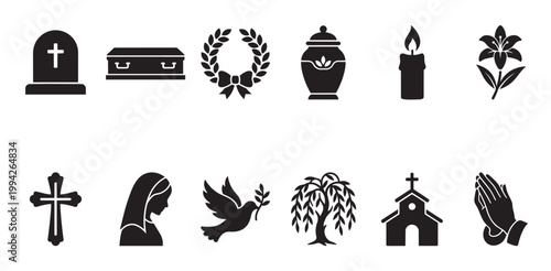A collection of black silhouette icons representing funeral and memorial services, including a tombstone, coffin, urn, candle, and dove.