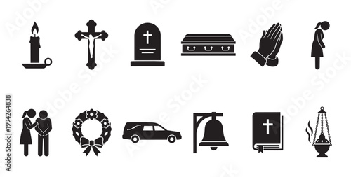 A collection of black funeral and religious icons against a white background, representing grief, mourning, and spiritual services.