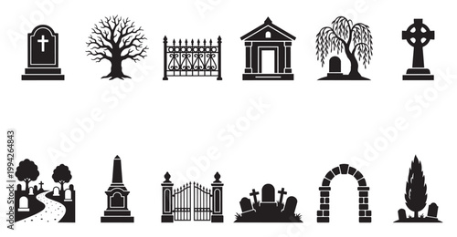 A collection of black silhouette icons depicting various cemetery elements including gravestones, mausoleum, trees, fences, an archway, and a Celtic cross on a white background.
