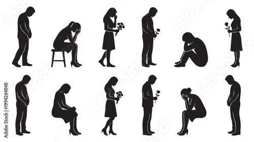 Collection of black silhouettes depicting people in various poses of sadness, grief, and loss, some holding flowers, ideal for conveying emotional hardship.