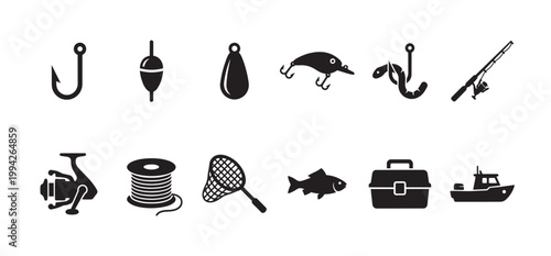A collection of black silhouette icons representing various fishing equipment, including hooks, lures, rods, reels, nets, fish, tackle box, and boat, on a white background.