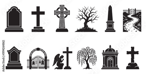 A collection of black silhouette icons featuring cemetery elements like gravestones, crosses, a weeping willow tree, an ornate gate, and an angel praying.